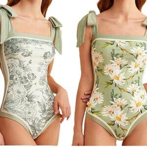Visual Mood reversible pale green floral print swimsuit, "violet" style